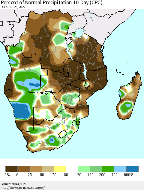 Southern Africa Percent of Normal Precipitation 10-Day (CPC) Thematic Map For 10/16/2022 - 10/25/2022