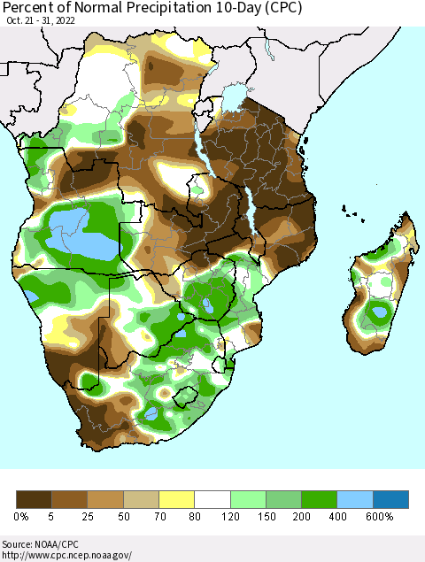 Southern Africa Percent of Normal Precipitation 10-Day (CPC) Thematic Map For 10/21/2022 - 10/31/2022