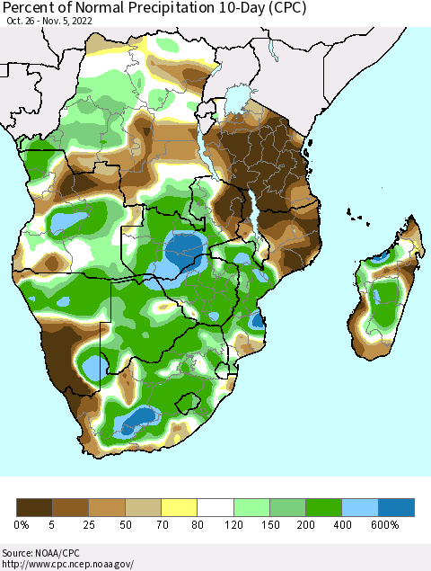 Southern Africa Percent of Normal Precipitation 10-Day (CPC) Thematic Map For 10/26/2022 - 11/5/2022