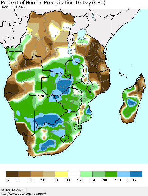 Southern Africa Percent of Normal Precipitation 10-Day (CPC) Thematic Map For 11/1/2022 - 11/10/2022