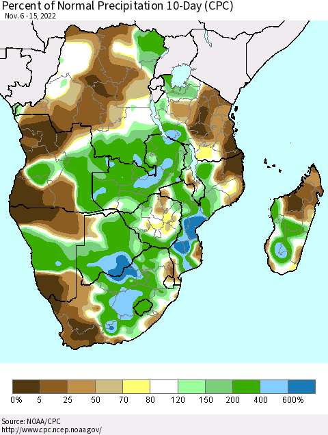 Southern Africa Percent of Normal Precipitation 10-Day (CPC) Thematic Map For 11/6/2022 - 11/15/2022