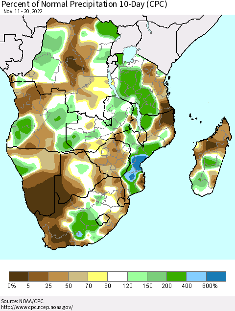 Southern Africa Percent of Normal Precipitation 10-Day (CPC) Thematic Map For 11/11/2022 - 11/20/2022