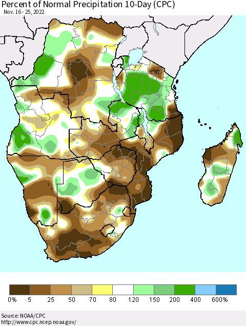 Southern Africa Percent of Normal Precipitation 10-Day (CPC) Thematic Map For 11/16/2022 - 11/25/2022