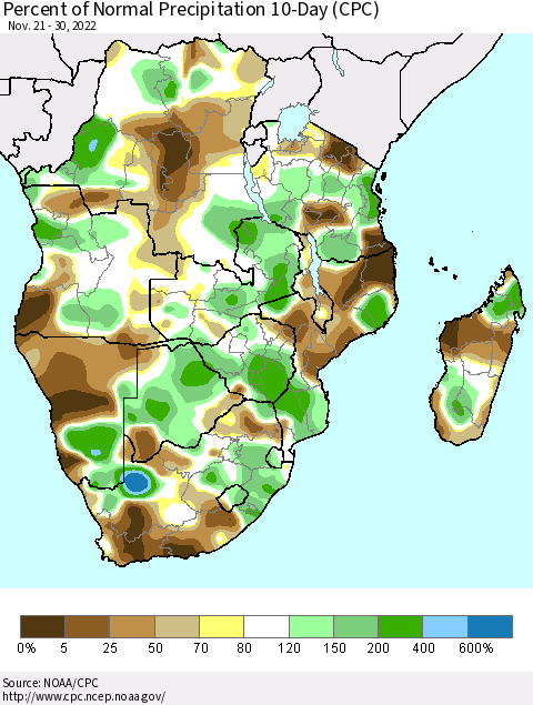 Southern Africa Percent of Normal Precipitation 10-Day (CPC) Thematic Map For 11/21/2022 - 11/30/2022
