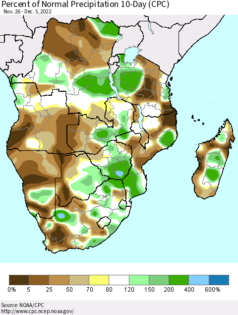 Southern Africa Percent of Normal Precipitation 10-Day (CPC) Thematic Map For 11/26/2022 - 12/5/2022