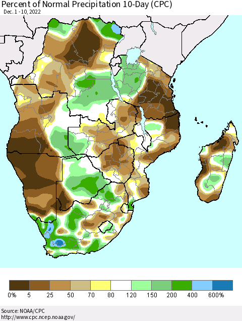 Southern Africa Percent of Normal Precipitation 10-Day (CPC) Thematic Map For 12/1/2022 - 12/10/2022