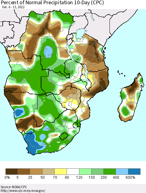 Southern Africa Percent of Normal Precipitation 10-Day (CPC) Thematic Map For 12/6/2022 - 12/15/2022