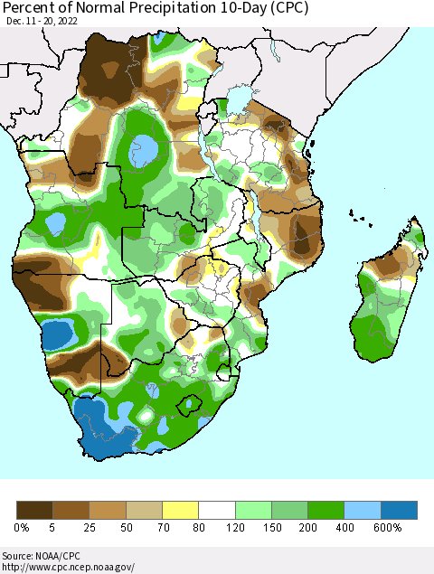 Southern Africa Percent of Normal Precipitation 10-Day (CPC) Thematic Map For 12/11/2022 - 12/20/2022