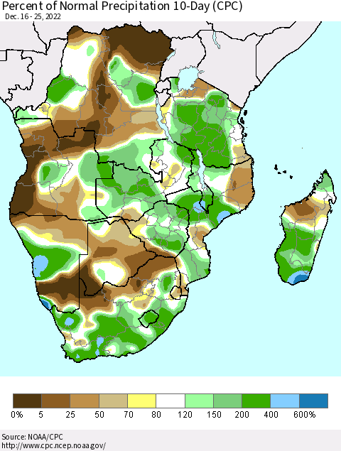 Southern Africa Percent of Normal Precipitation 10-Day (CPC) Thematic Map For 12/16/2022 - 12/25/2022