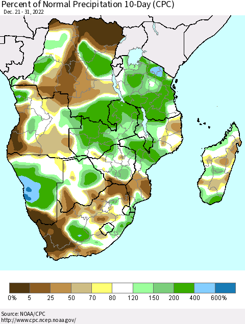 Southern Africa Percent of Normal Precipitation 10-Day (CPC) Thematic Map For 12/21/2022 - 12/31/2022