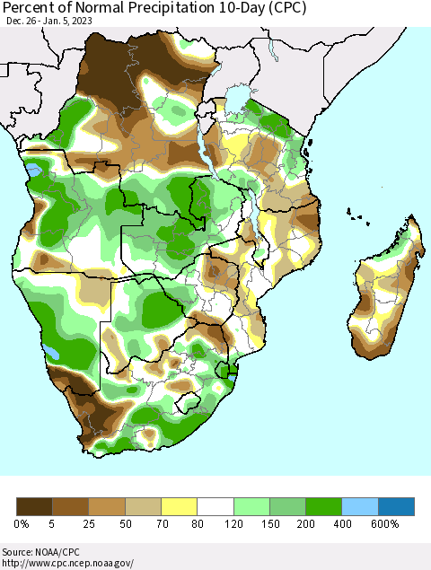 Southern Africa Percent of Normal Precipitation 10-Day (CPC) Thematic Map For 12/26/2022 - 1/5/2023