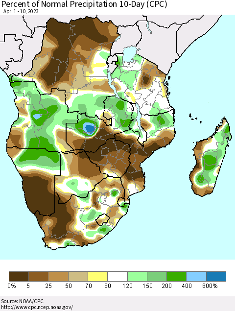 Southern Africa Percent of Normal Precipitation 10-Day (CPC) Thematic Map For 4/1/2023 - 4/10/2023