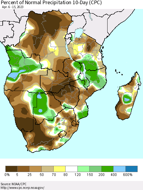 Southern Africa Percent of Normal Precipitation 10-Day (CPC) Thematic Map For 4/6/2023 - 4/15/2023