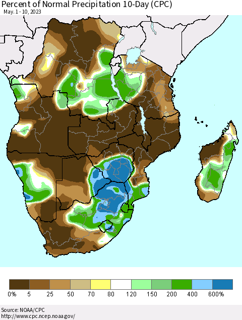 Southern Africa Percent of Normal Precipitation 10-Day (CPC) Thematic Map For 5/1/2023 - 5/10/2023