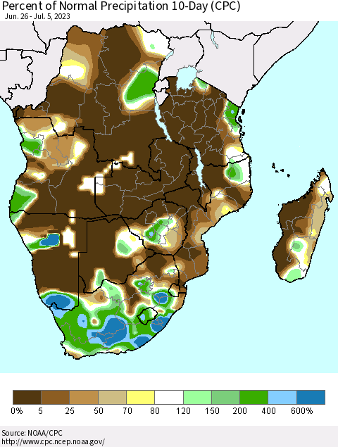 Southern Africa Percent of Normal Precipitation 10-Day (CPC) Thematic Map For 6/26/2023 - 7/5/2023