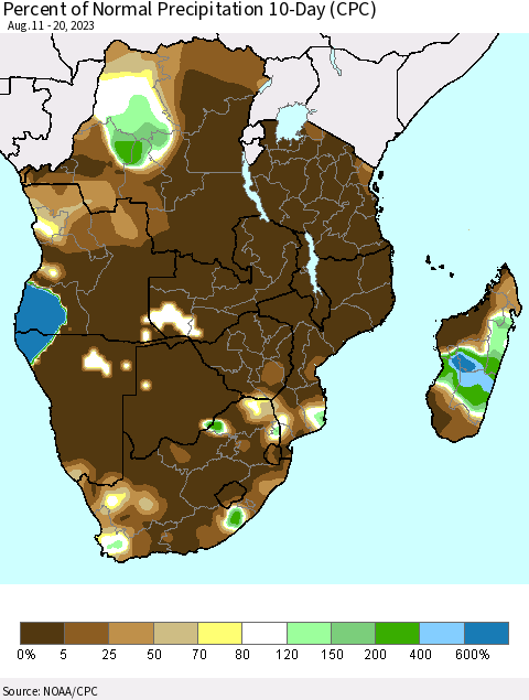 Southern Africa Percent of Normal Precipitation 10-Day (CPC) Thematic Map For 8/11/2023 - 8/20/2023