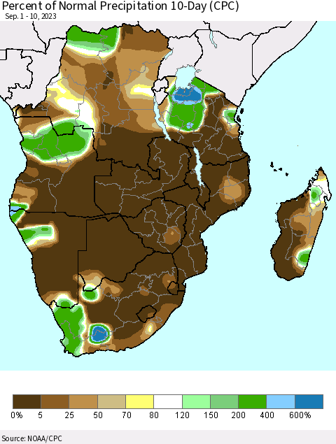 Southern Africa Percent of Normal Precipitation 10-Day (CPC) Thematic Map For 9/1/2023 - 9/10/2023