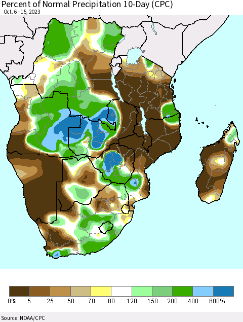 Southern Africa Percent of Normal Precipitation 10-Day (CPC) Thematic Map For 10/6/2023 - 10/15/2023