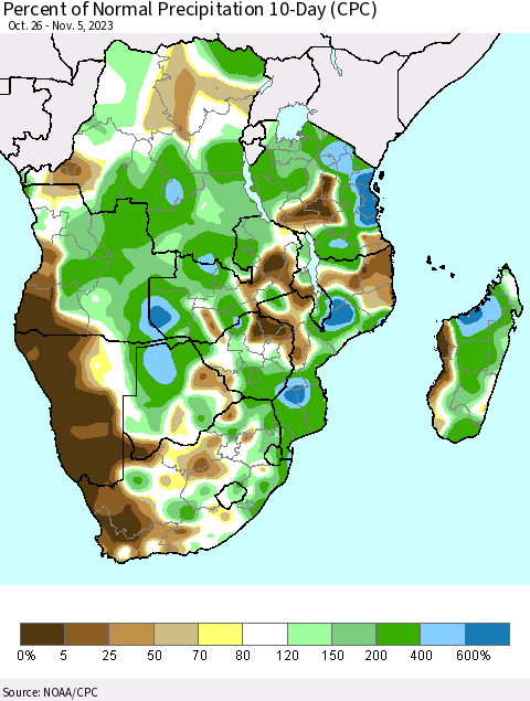 Southern Africa Percent of Normal Precipitation 10-Day (CPC) Thematic Map For 10/26/2023 - 11/5/2023