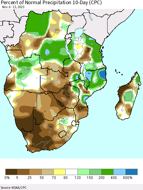 Southern Africa Percent of Normal Precipitation 10-Day (CPC) Thematic Map For 11/6/2023 - 11/15/2023
