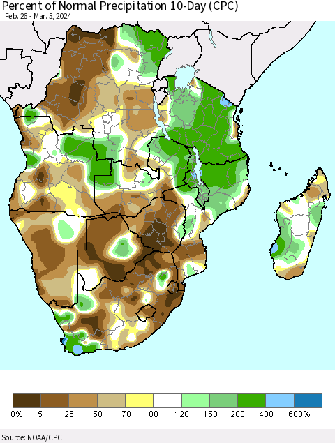 Southern Africa Percent of Normal Precipitation 10-Day (CPC) Thematic Map For 2/26/2024 - 3/5/2024