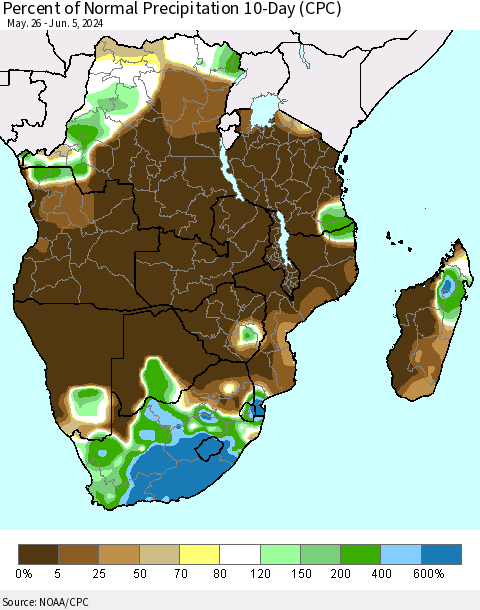 Southern Africa Percent of Normal Precipitation 10-Day (CPC) Thematic Map For 5/26/2024 - 6/5/2024