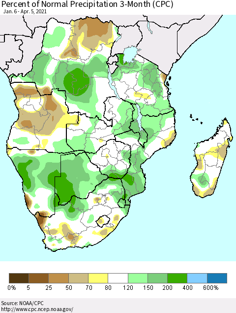 Southern Africa Percent of Normal Precipitation 3-Month (CPC) Thematic Map For 1/6/2021 - 4/5/2021