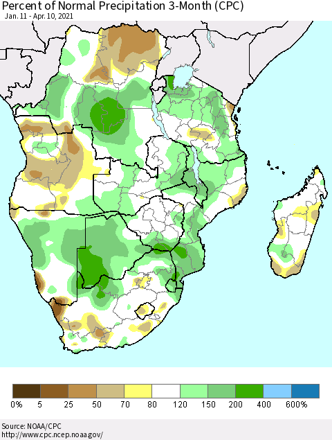 Southern Africa Percent of Normal Precipitation 3-Month (CPC) Thematic Map For 1/11/2021 - 4/10/2021