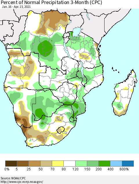Southern Africa Percent of Normal Precipitation 3-Month (CPC) Thematic Map For 1/16/2021 - 4/15/2021