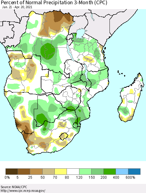 Southern Africa Percent of Normal Precipitation 3-Month (CPC) Thematic Map For 1/21/2021 - 4/20/2021