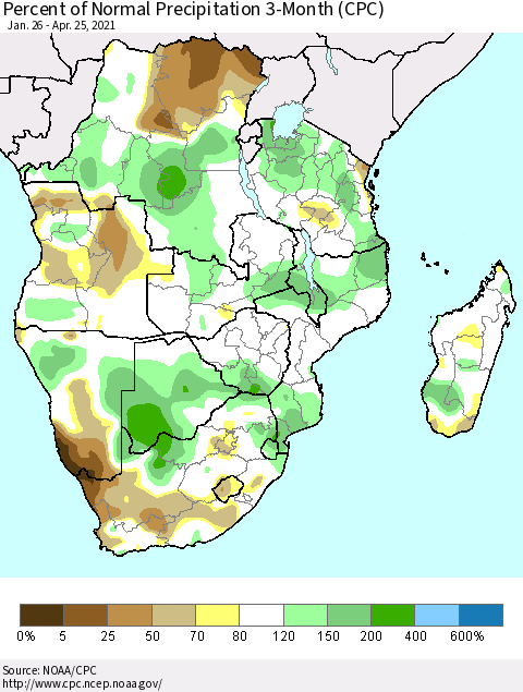 Southern Africa Percent of Normal Precipitation 3-Month (CPC) Thematic Map For 1/26/2021 - 4/25/2021
