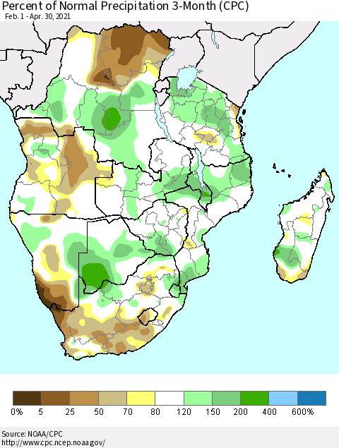 Southern Africa Percent of Normal Precipitation 3-Month (CPC) Thematic Map For 2/1/2021 - 4/30/2021
