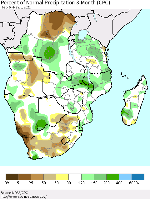 Southern Africa Percent of Normal Precipitation 3-Month (CPC) Thematic Map For 2/6/2021 - 5/5/2021