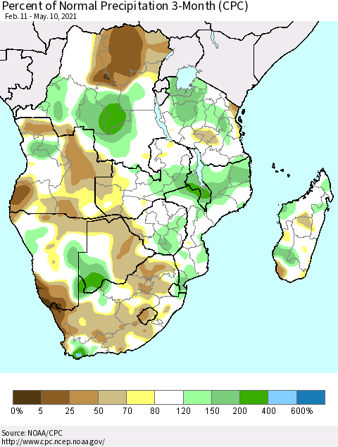 Southern Africa Percent of Normal Precipitation 3-Month (CPC) Thematic Map For 2/11/2021 - 5/10/2021