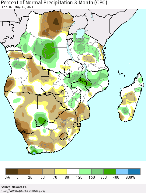 Southern Africa Percent of Normal Precipitation 3-Month (CPC) Thematic Map For 2/16/2021 - 5/15/2021