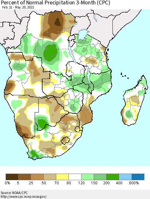 Southern Africa Percent of Normal Precipitation 3-Month (CPC) Thematic Map For 2/21/2021 - 5/20/2021