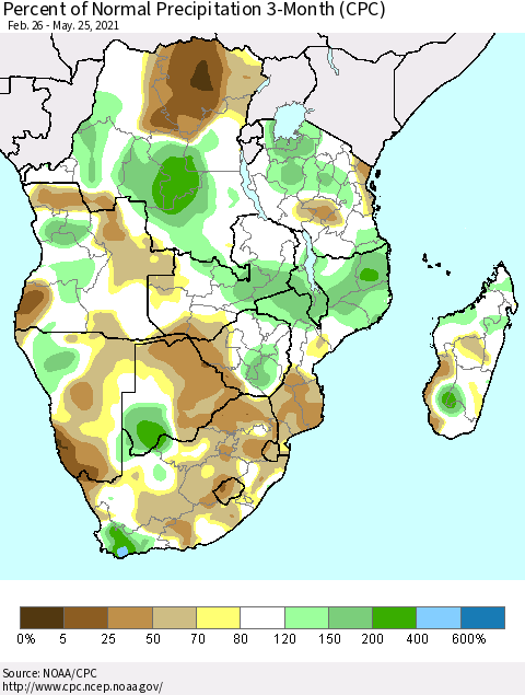 Southern Africa Percent of Normal Precipitation 3-Month (CPC) Thematic Map For 2/26/2021 - 5/25/2021