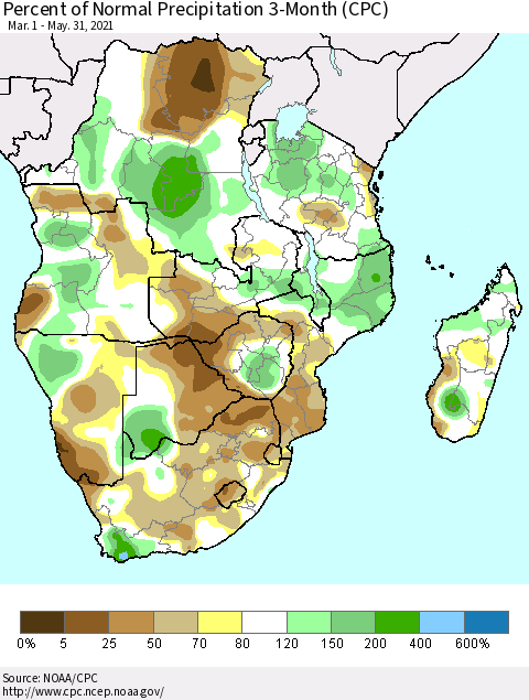 Southern Africa Percent of Normal Precipitation 3-Month (CPC) Thematic Map For 3/1/2021 - 5/31/2021