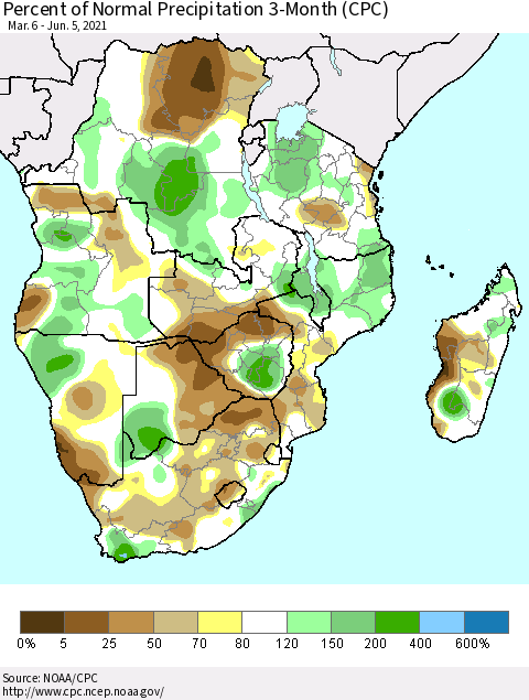 Southern Africa Percent of Normal Precipitation 3-Month (CPC) Thematic Map For 3/6/2021 - 6/5/2021
