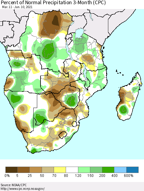 Southern Africa Percent of Normal Precipitation 3-Month (CPC) Thematic Map For 3/11/2021 - 6/10/2021