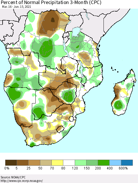 Southern Africa Percent of Normal Precipitation 3-Month (CPC) Thematic Map For 3/16/2021 - 6/15/2021