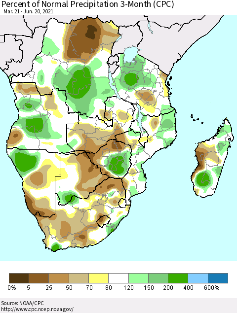 Southern Africa Percent of Normal Precipitation 3-Month (CPC) Thematic Map For 3/21/2021 - 6/20/2021