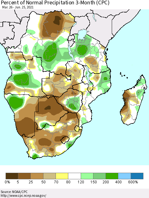 Southern Africa Percent of Normal Precipitation 3-Month (CPC) Thematic Map For 3/26/2021 - 6/25/2021