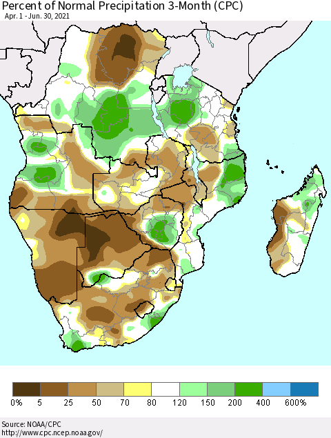 Southern Africa Percent of Normal Precipitation 3-Month (CPC) Thematic Map For 4/1/2021 - 6/30/2021