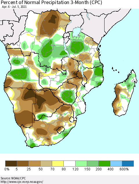 Southern Africa Percent of Normal Precipitation 3-Month (CPC) Thematic Map For 4/6/2021 - 7/5/2021