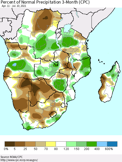 Southern Africa Percent of Normal Precipitation 3-Month (CPC) Thematic Map For 4/11/2021 - 7/10/2021