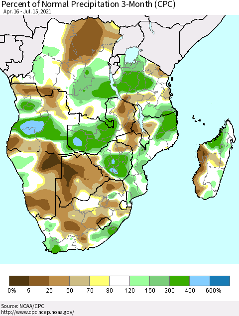 Southern Africa Percent of Normal Precipitation 3-Month (CPC) Thematic Map For 4/16/2021 - 7/15/2021
