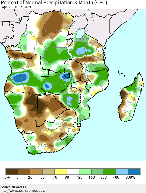 Southern Africa Percent of Normal Precipitation 3-Month (CPC) Thematic Map For 4/21/2021 - 7/20/2021