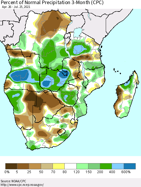 Southern Africa Percent of Normal Precipitation 3-Month (CPC) Thematic Map For 4/26/2021 - 7/25/2021