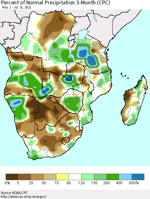 Southern Africa Percent of Normal Precipitation 3-Month (CPC) Thematic Map For 5/1/2021 - 7/31/2021